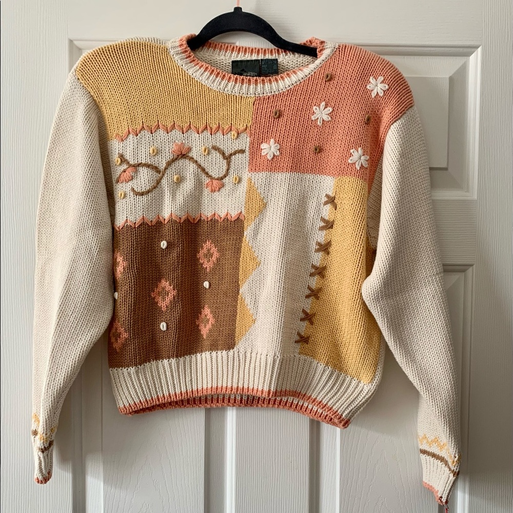 NWT Vintage Liz Claiborne yellow, cream, & peach 100% Cotton sweater. M petite.